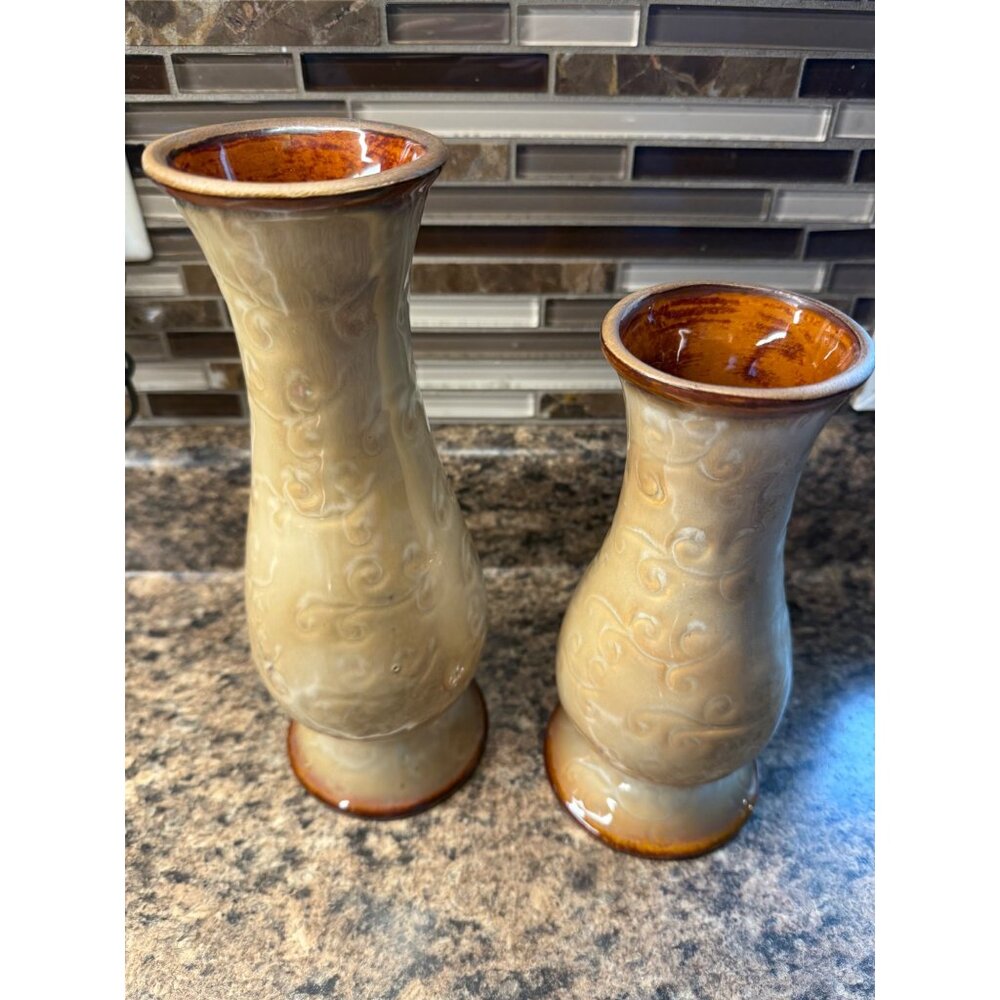 Pair of Signature Homestyle Vases Brown Pottery 10 & 8 Inches approx.
